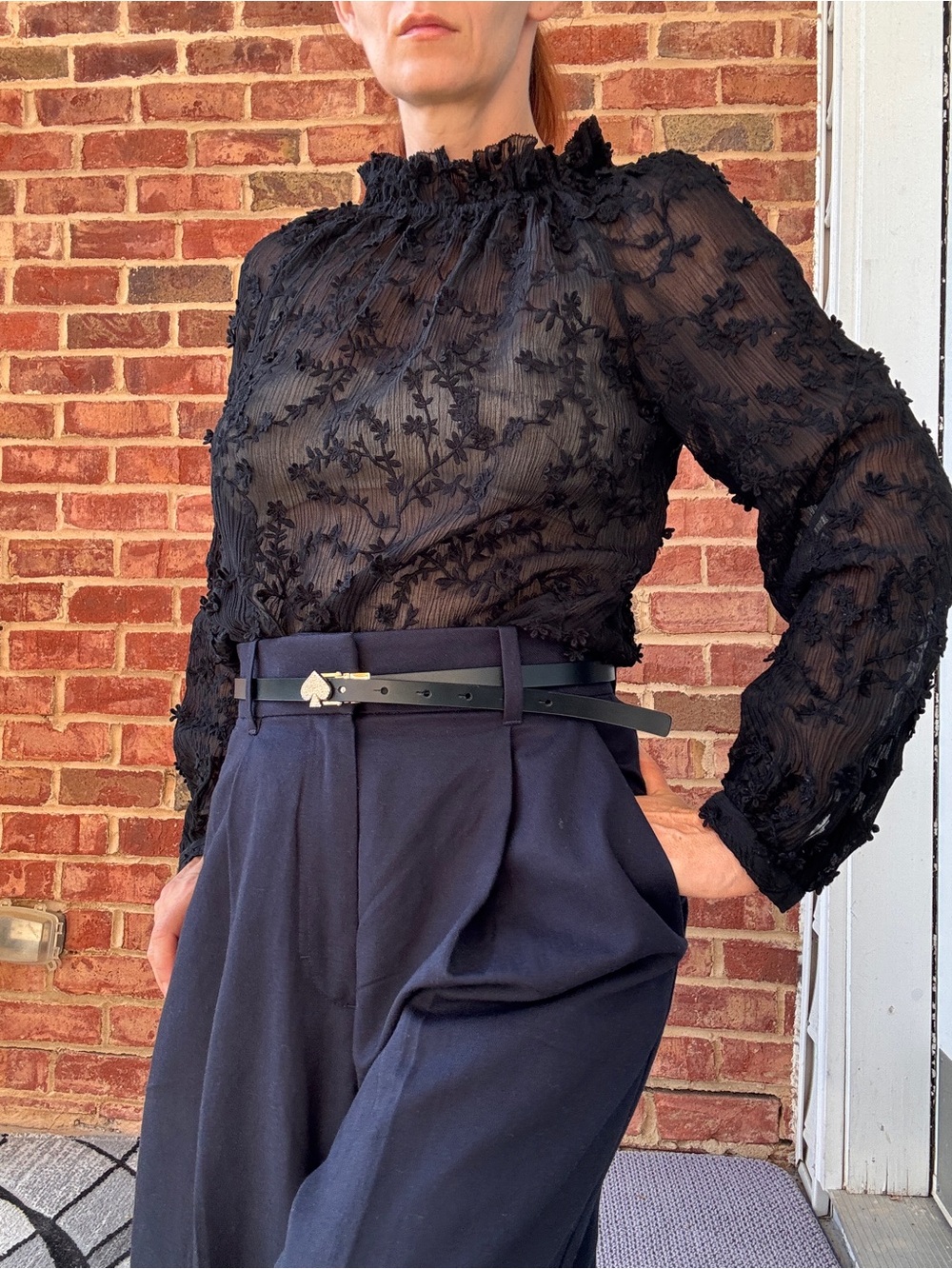 Black Floral Sheer Mock-Neck Blouse